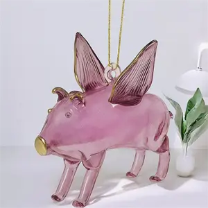 Flyvende glas-gris i pink glas - længde 9 cm
